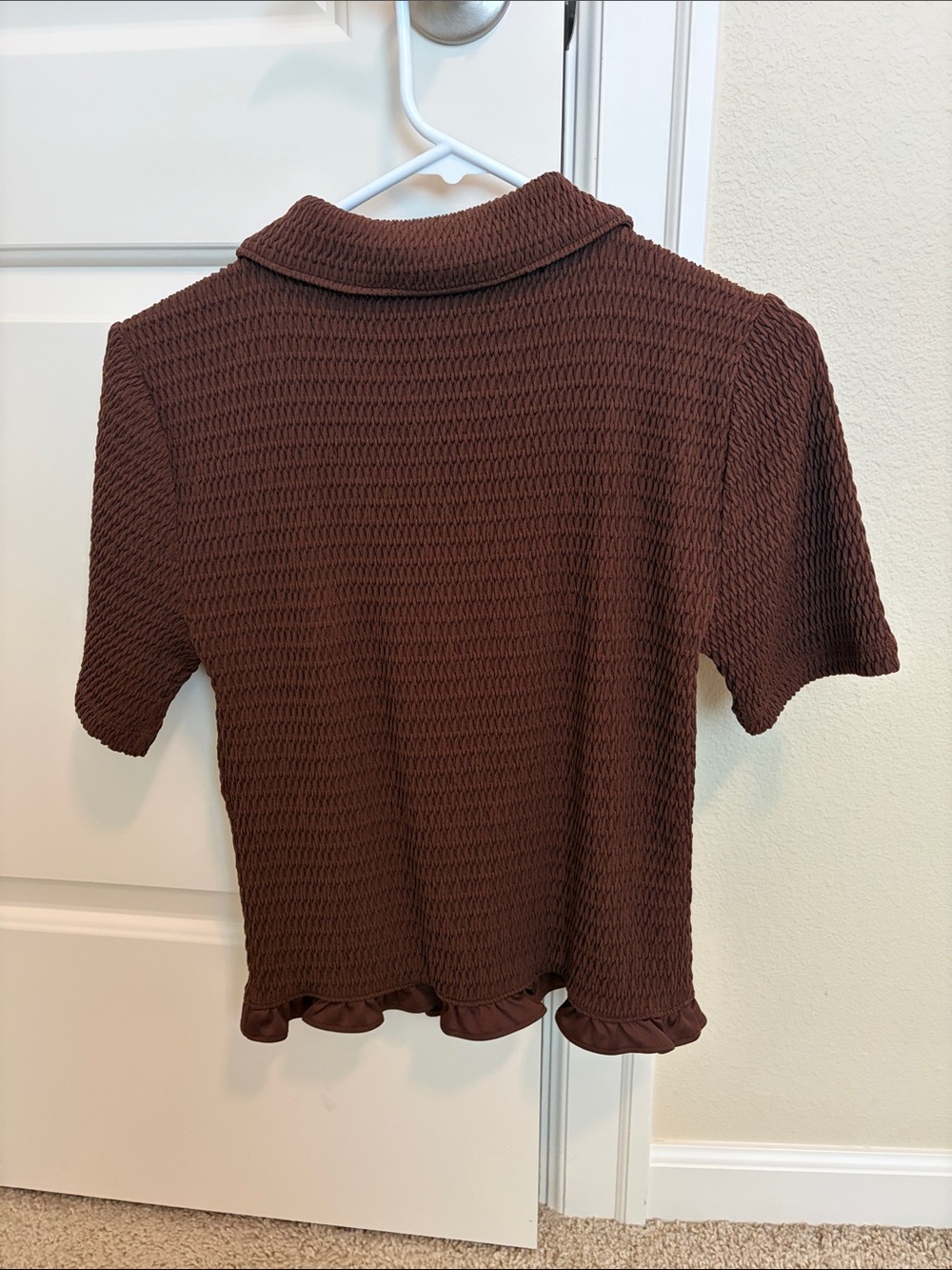 LOFT Brown Textured Button-Front Ruffle Hem Top - Picture 2 of 3